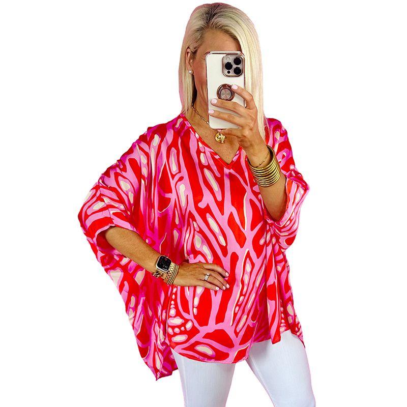 

Spring New Arrival Abstract Printing V Neck Chiffon Shirt Women 2025 Fashion Niche Style Loose Color Matching Pullover Tops Women Rose Red Size M fit (55.00 kg-62.50 kg