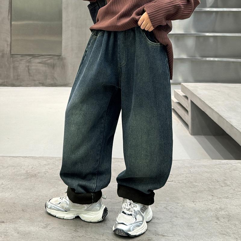 2025 Autumn/Winter Boys' Fleece-Lined Thick Jeans - Trendy & Warm One-Piece Pants for Kids