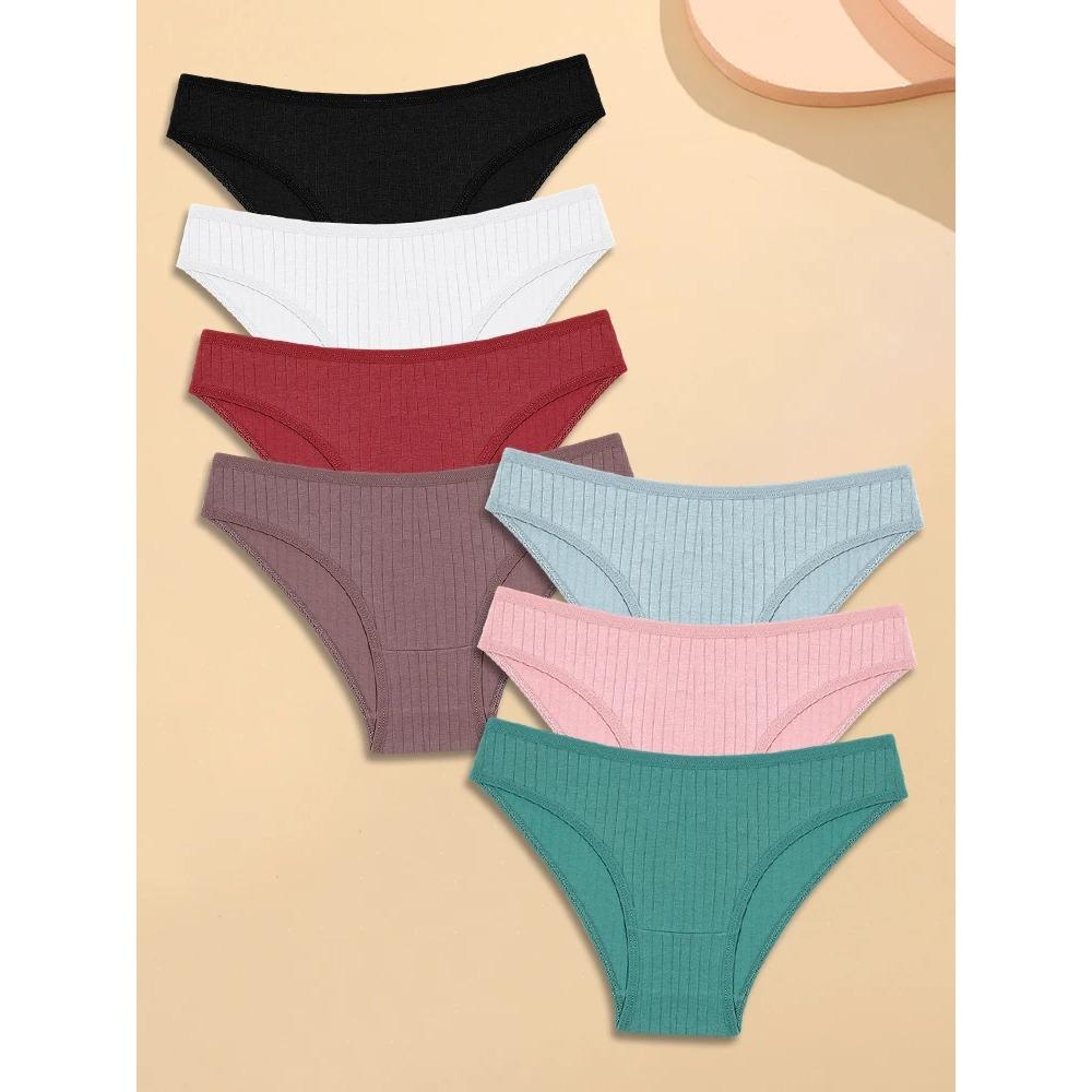 7Pcs Woman Cotton Underpants Sexy Breathable Striped Briefs Female Solid Color Soft Underwear Girls Comfortable Lingerie