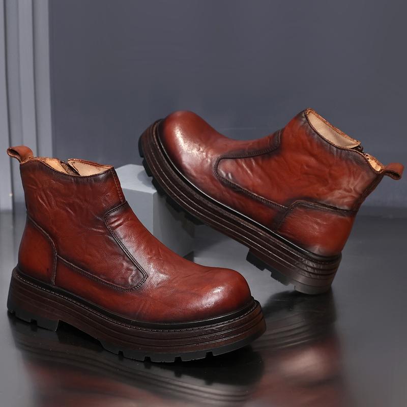 Fashion Golden Sapling New Arrival Men's Motorcycle Boots Winter Genuine Leather Male Streetlish Shoes Non-slip Man Retro Ankle Zip Boot