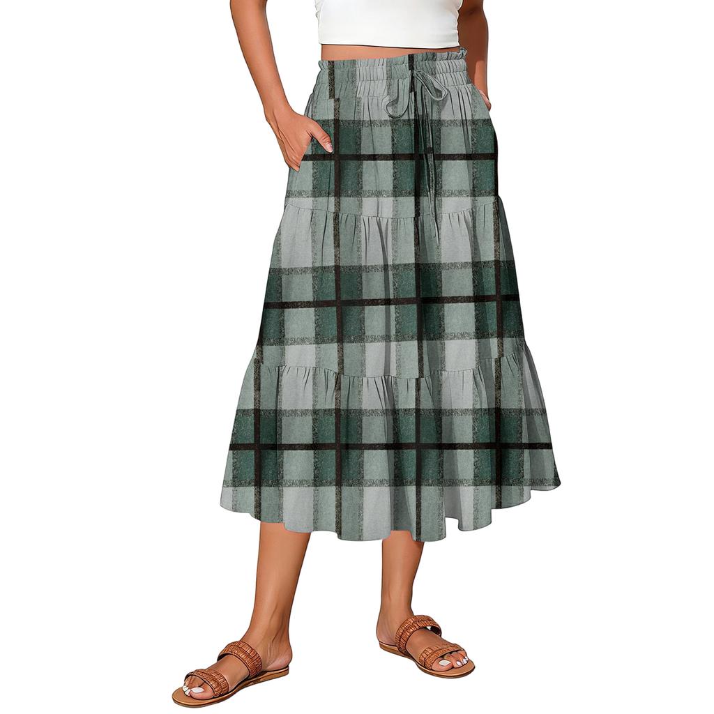 Ladies' Plaid Printed Casual Elastic Waist Drawstring Skirt