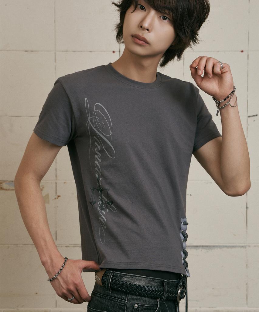 LANARCHIVE [0137] Side Lettering Rope Short Sleeve T-Shirt - Charcoal