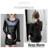 Høst Vinter Langermet Dame Bluse Patchwork Farger Plus Size Skjorte Dame Elastisk Varm Velvet Pu Lær Dame Overdeler