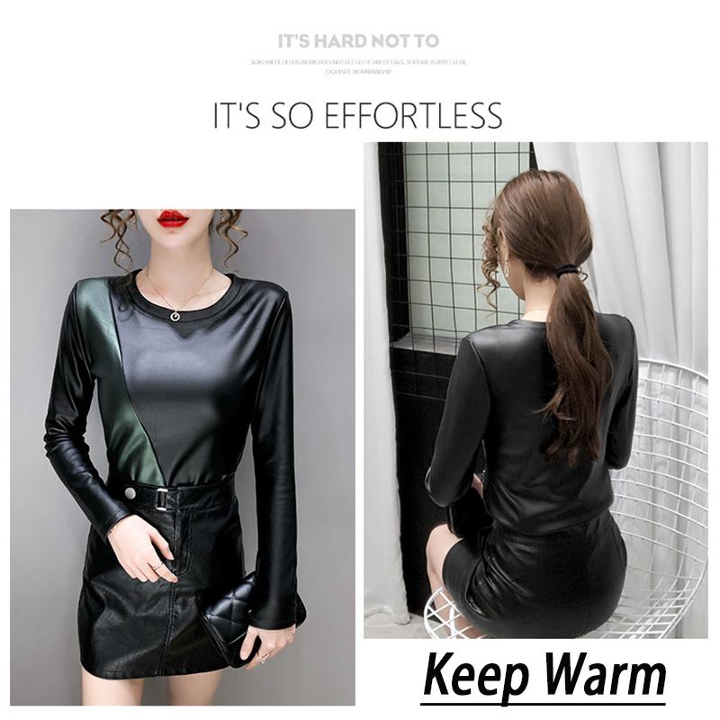 Høst Vinter Langermet Dame Bluse Patchwork Farger Plus Size Skjorte Dame Elastisk Varm Velvet Pu Lær Dame Overdeler