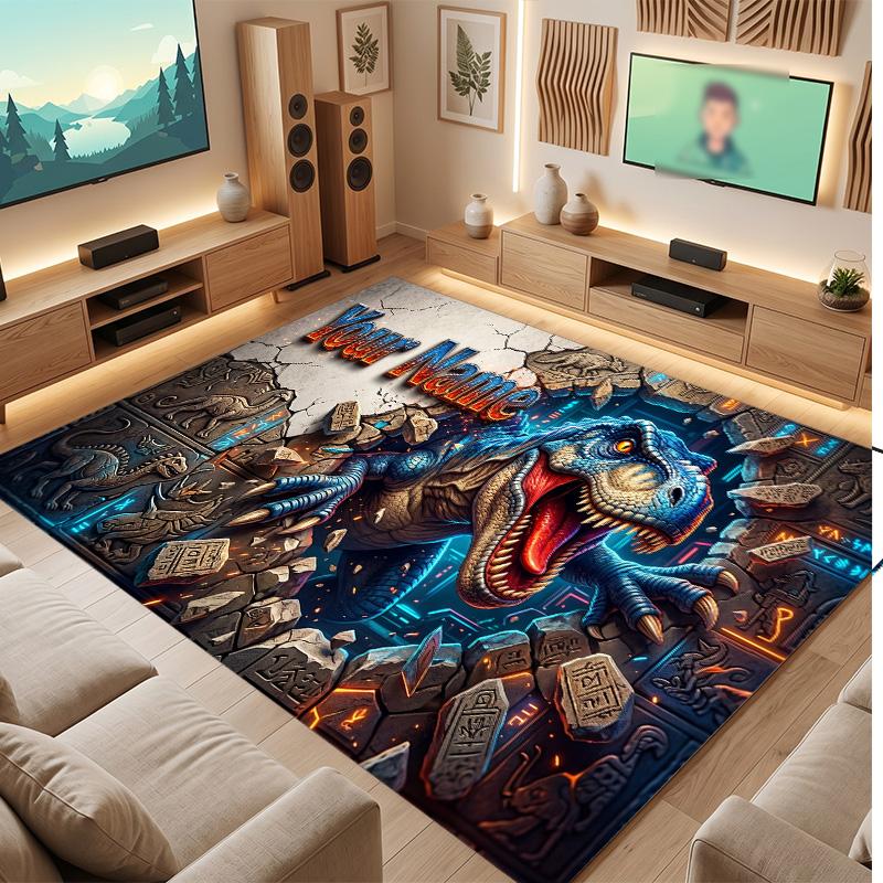 Dinosaur Theme Soft Crystal Velvet Rug Custom Name & Text Print Non Slip Floor Rug for Bedroom Living Room