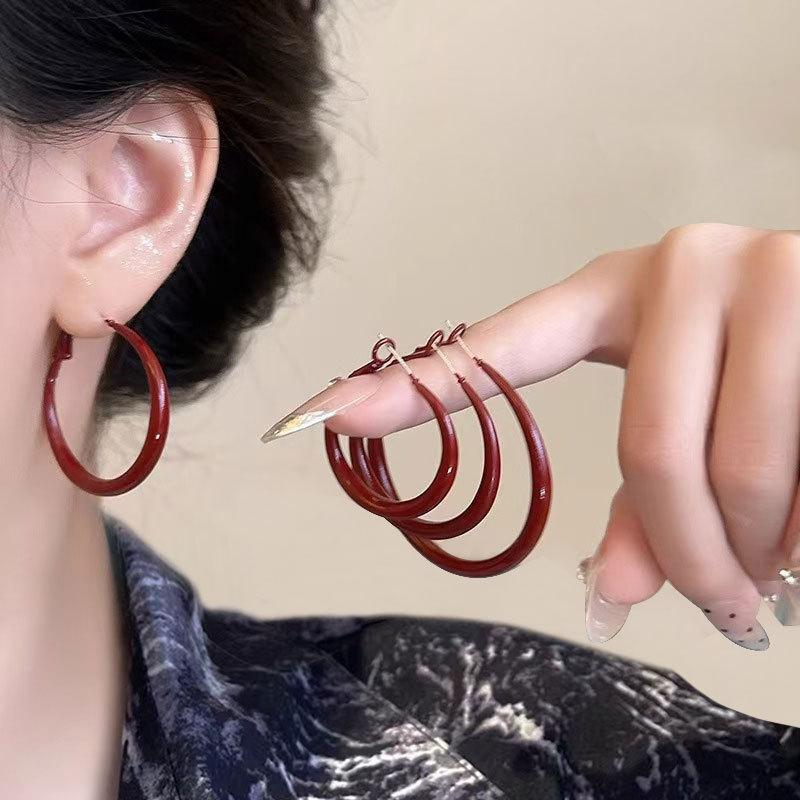 Ankola Red Circle Ear Buckle Retro Hong Kong Style Red Drop Glaze Earrings Niche Simple Earrings