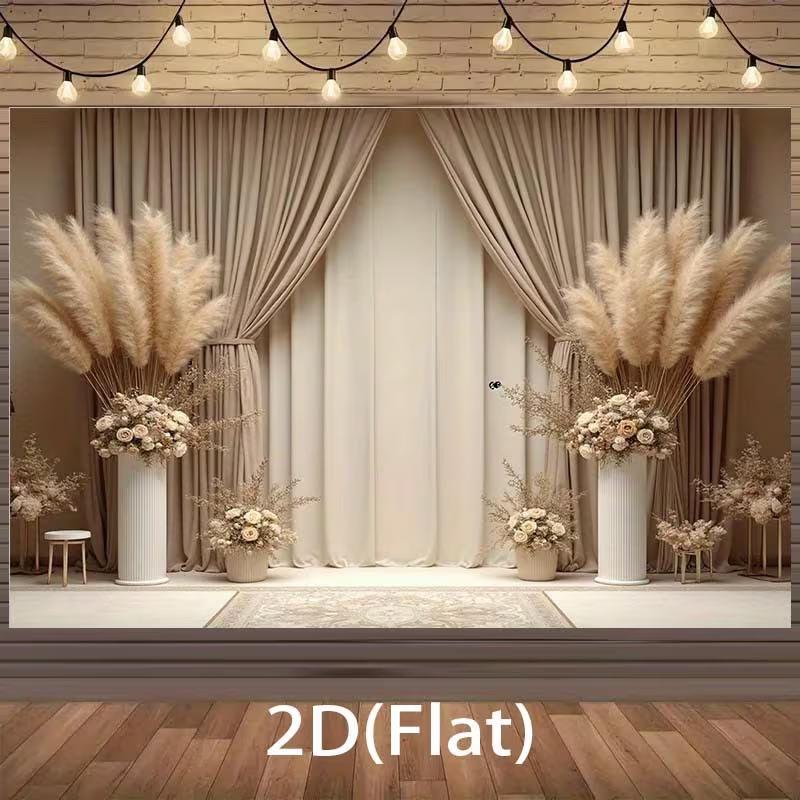 

2D Boho Pampas Grass & Beige Curtain Backdrop for Wedding Photography 47.2x31.5inch/120*80cm