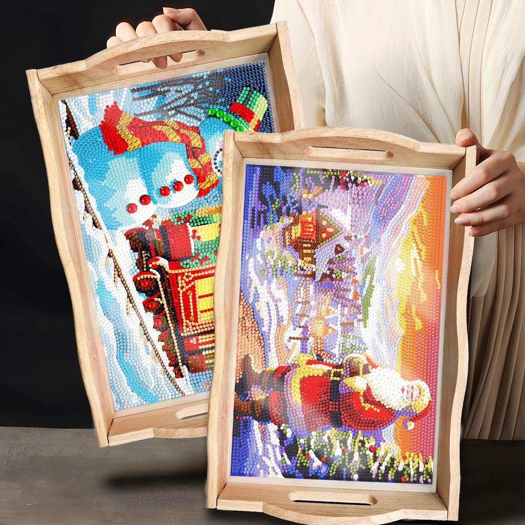 Christmas Diamond Painted Wooden Dining Plate With Side Handles Handmade Tableware Manager Tray For Dish Snack Salad Dessert