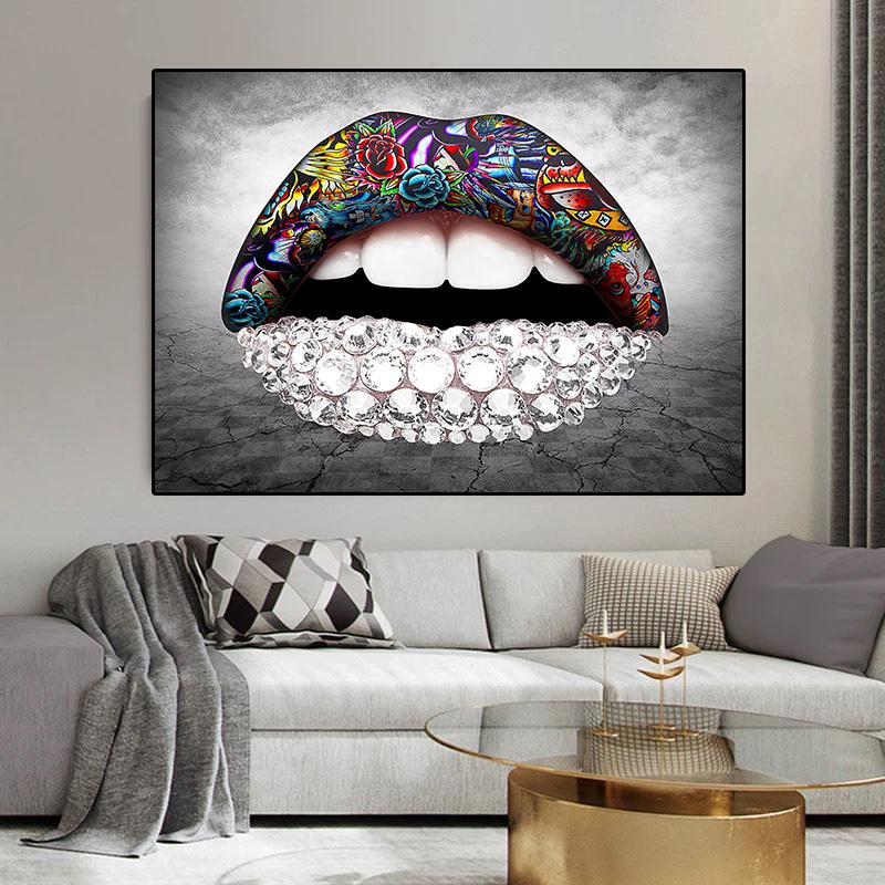 Fashion Art Lipstick Canvas Painting Graffiti Art Wall Poster On Lips