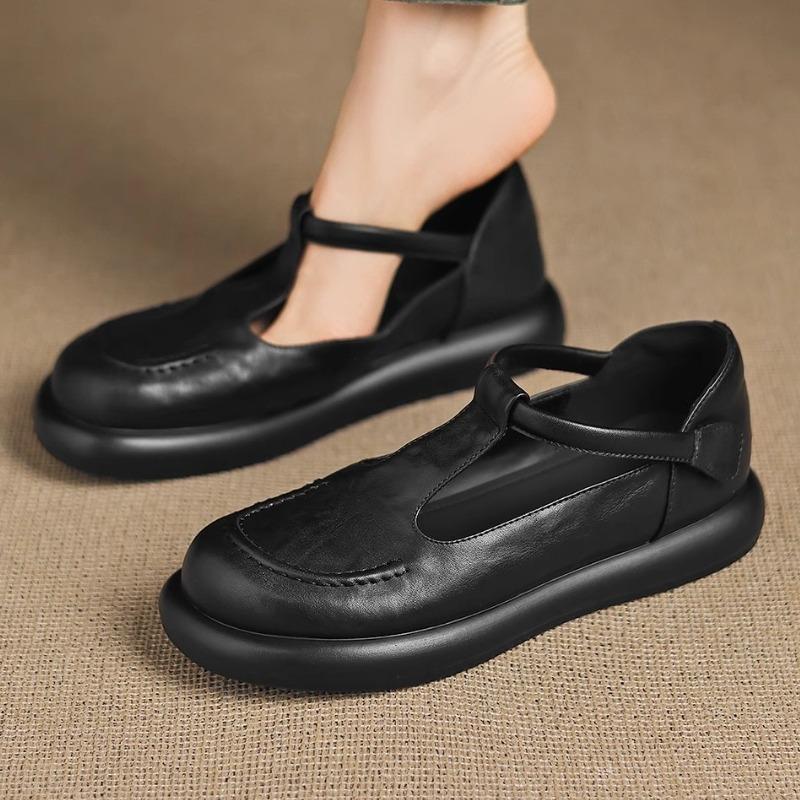 

Fashion Retro Round Toe T-strap Design Low Heel Pumps Women Fashion Sewing Thick Bottom Casual Shoes Comfort Soft Sole Zapatos De Mujer 35 чёрный