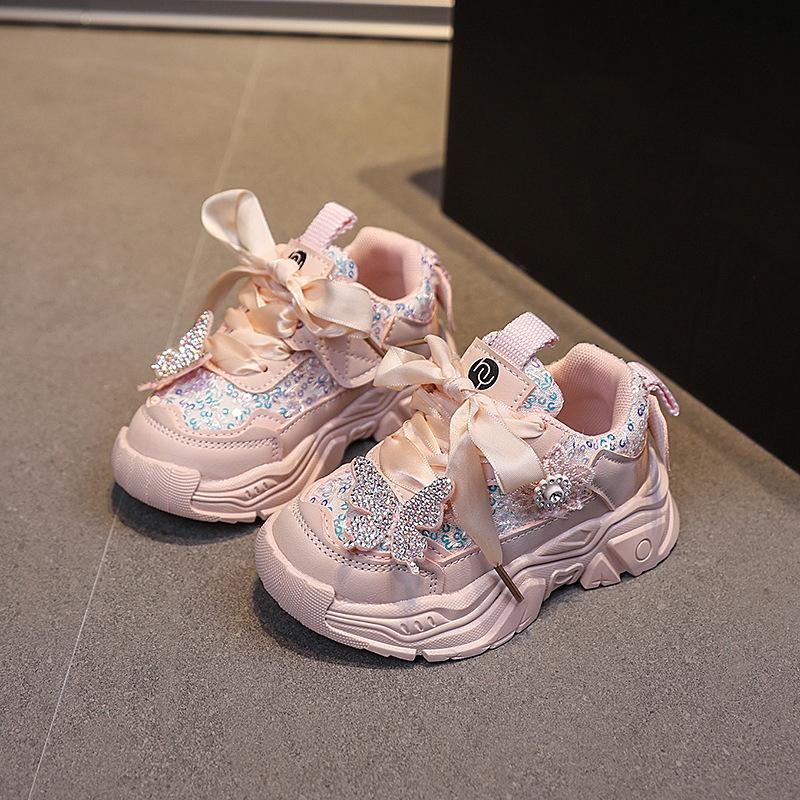 Girls' Sports Shoes Anti Slip Soft Sole Sequin Shinny Butterfly Cute Tennis Running Shoes Princess Shoes Baby Girls