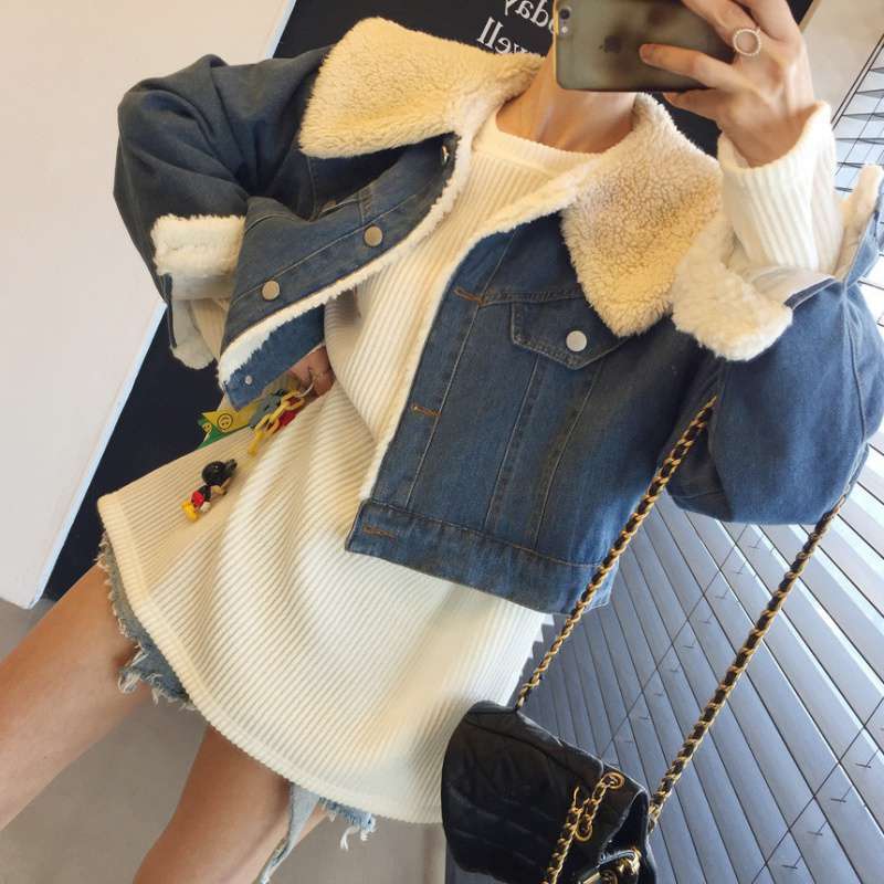 Lamb Fur Spliced Denim Jacket Women  Autumn Winter Vintage Turn Down Collar New Coats Casual Button Up Short Jacket