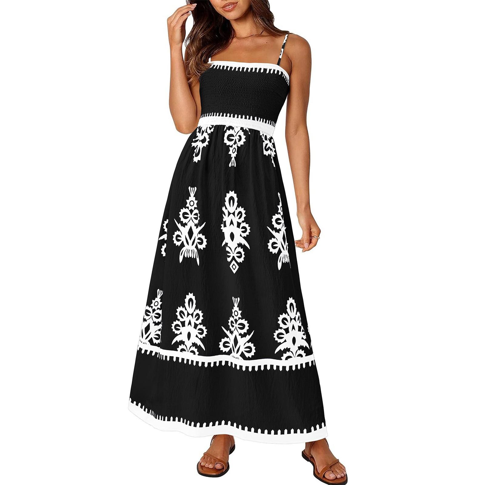 

Women s Fashionable Retro Printed Bohemian Beach Dress Beach Vacation Strap Dress XXL чорний