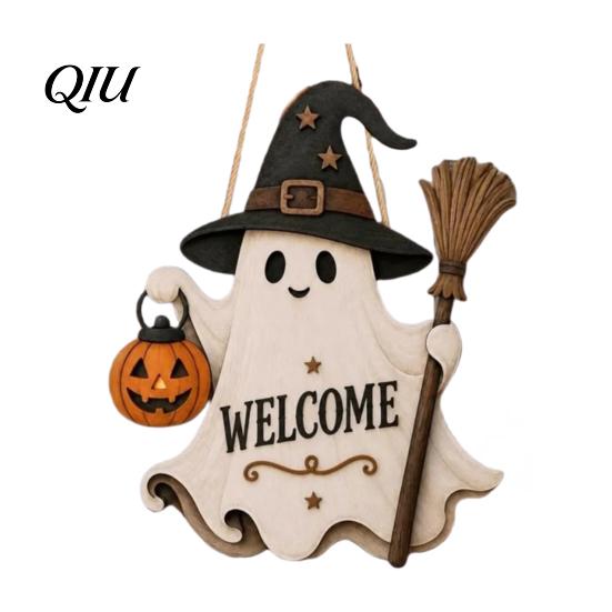 Holiday Door Hanger Halloween Wooden Hanging Sign, Cute Ghost Welcome Ornament with Witch Festive Display Hat Pumpkin Lantern Design, Wall