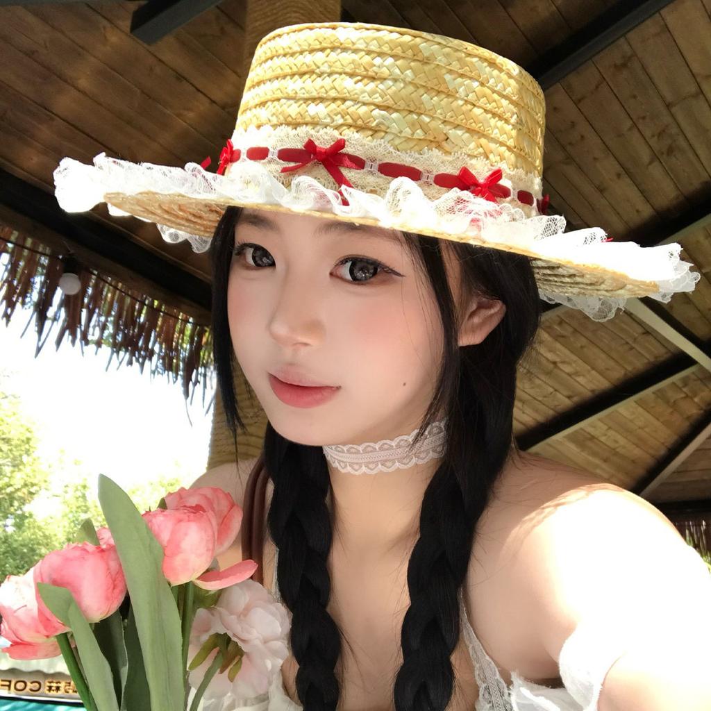 French Style Lace Bowknot Flat Top Straw Hat Women Summer Beach Sun Protection Luxury Woven Visor Sun Hat