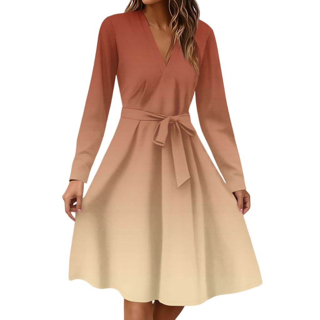 Women's Fashion Casual V-Neck Long Sleeve Waist Floral Print Midi Dress