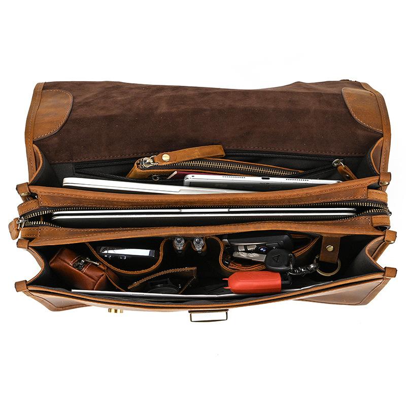 Retro British Style Briefcase, Genuine Leather Exquisite Business Men'S Bag, Crazy Horse Leather Handbag, Cowhide Commuter Computer Bag