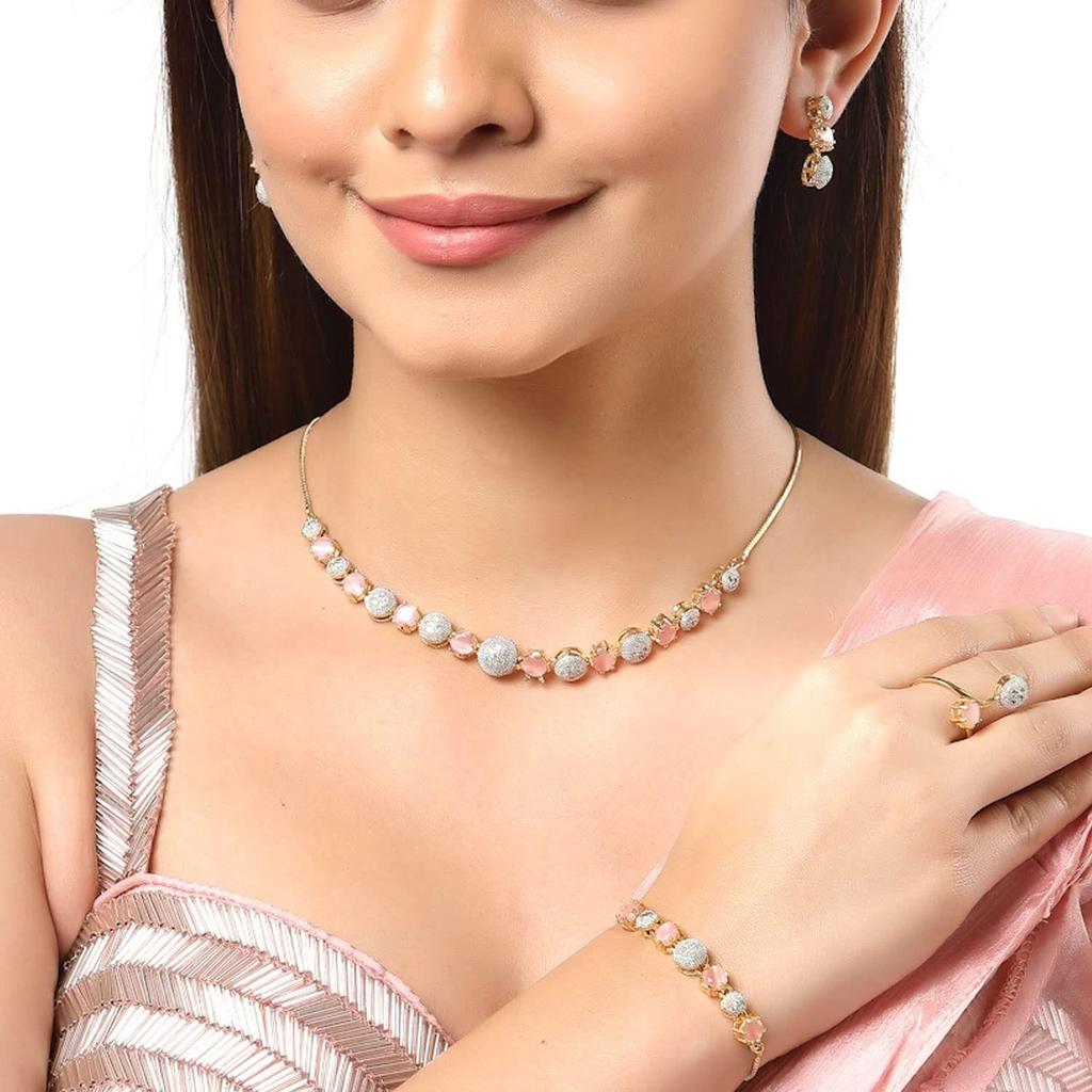 ZENEME Gold Plated Red & White American Diamond Studded Necklace  Set For Woment and Girl