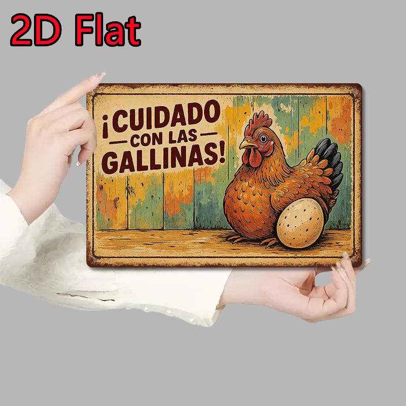 Funny Spanish Farm Chicken Warning Sign Retro Rectangular Iron Plaque Rustic Wall Art for Farmhouse Garden Gate