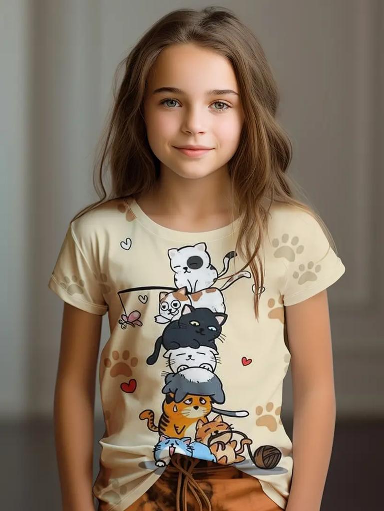Colorful Cat Girl's T-Shirt Cute Patterns Summer Short Sleeves 3D Print Girl's Top Fashion Casual Streetwear Children's Clothing