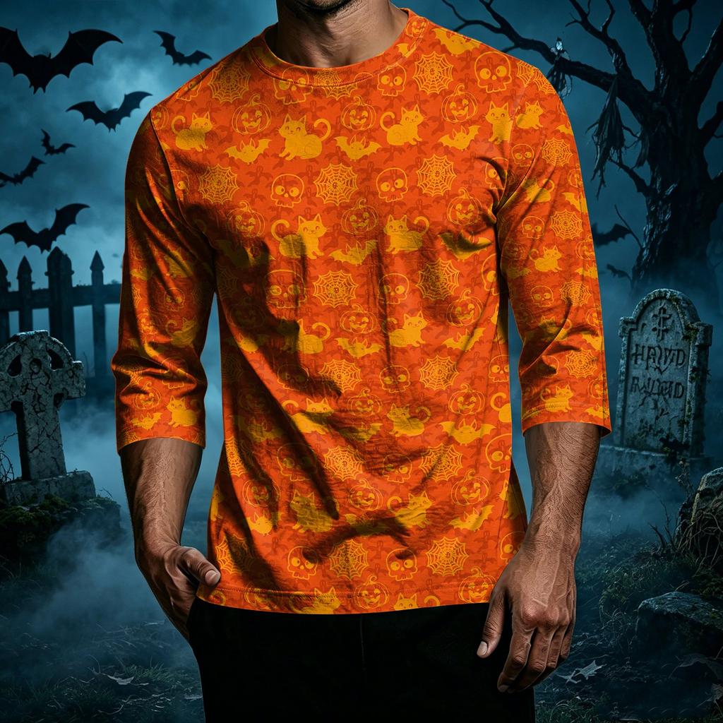 Men's Casual Halloween Print Crew Neck T-Shirt Three Quarter Sleeve Relaxed Fit Lightweight Cotton Blend Top for Everyday Wear