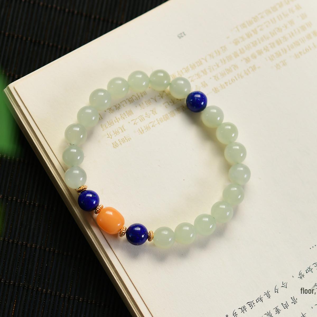 Natural Hetian Jade, Lapis Lazuli, and Amber Beaded Bracelet with 925 Silver Spacers Hetian Jade