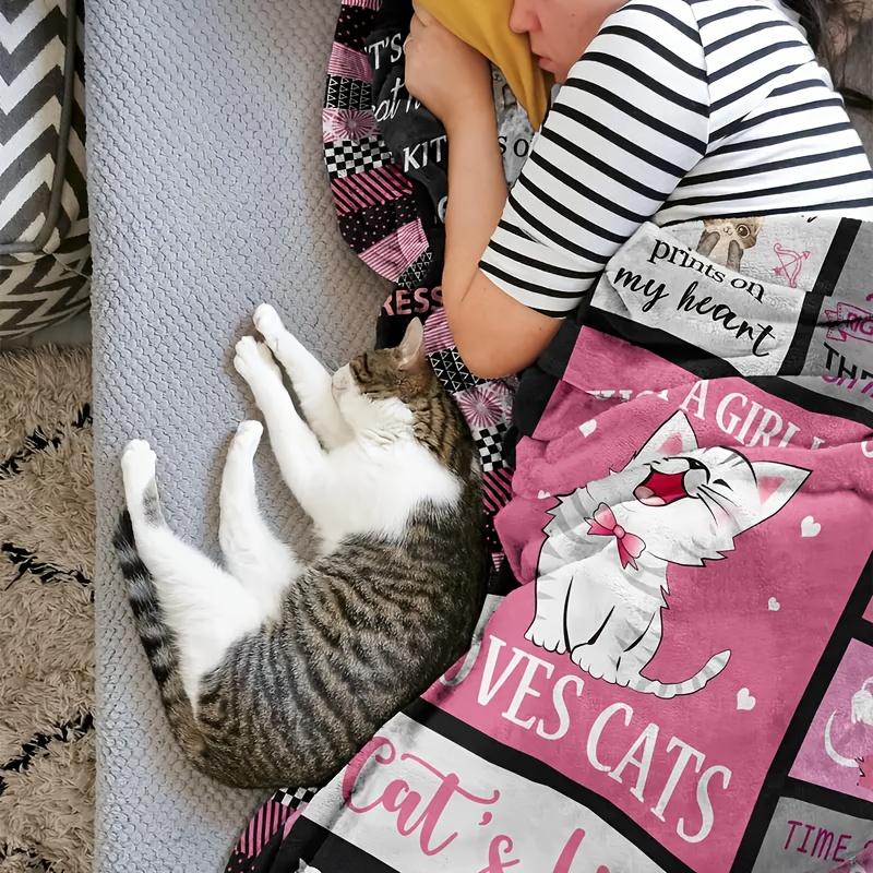 Cozy Cat Theme Flannelette Blanket - The Perfect Gift For Cat Lovers, Ladies And Girls | Soft, Warm And Machine Washable | Pink Striped Design