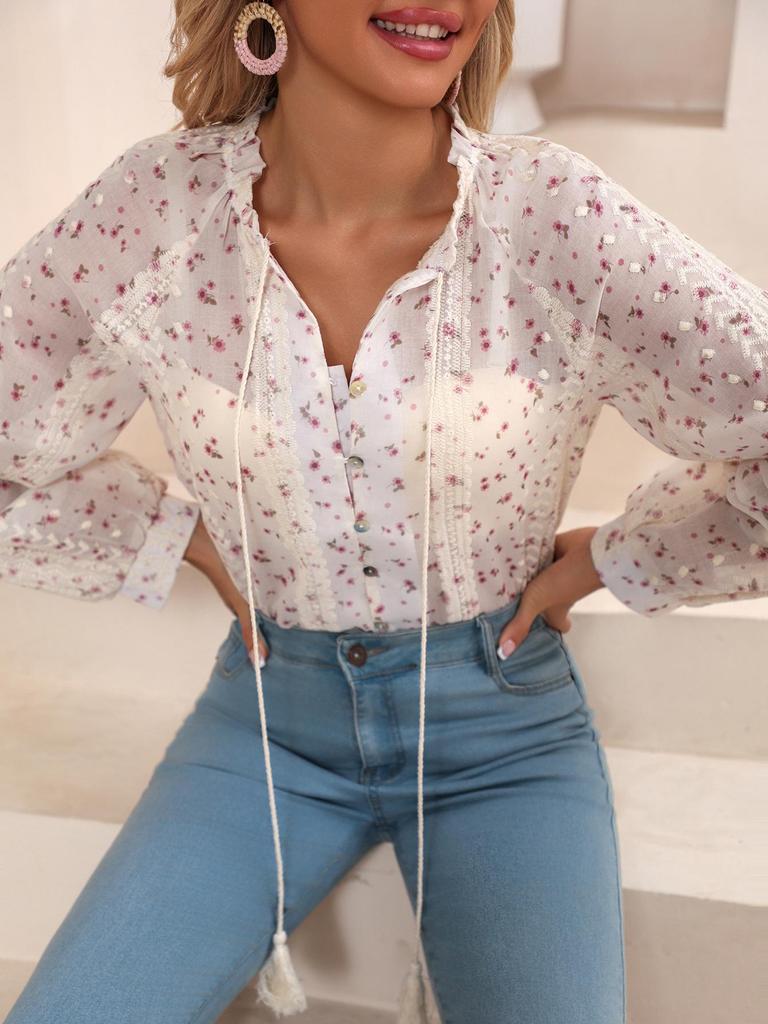 New Elegant V-Neck Semi-Transparent Top with Rope-Decorated Embroidery