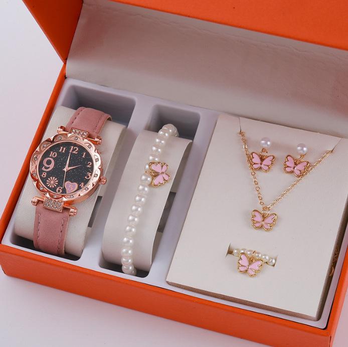 European And American New Crystal Love Jewelry Fashion Temperament Peach Heart Necklace Earrings Ring Bracelet Four-Piece Set