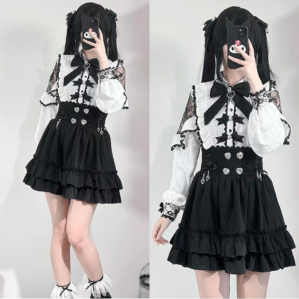 Gotisches Lolita-Kleid für Damen mit und Dark Mori Harajuku Gothic Süße Prinzessin Größe S [Sivrusn] Brosche, Rüschen, Spitze, Band, Massenproduktionsstil,