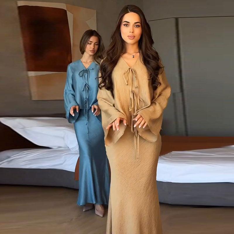 

Elegant Lace Up Shirts Skirts Sets Women s Solid V-neck Flare Sleeve Tops High Waist Long Dresses 2025 Summer New Lady Chic Suit S хакі