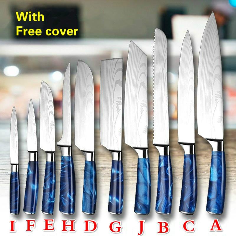 Cuțite din oțel inoxidabil Set 10 bucăți Imitație model Damasc Cuțite de bucătărie Santoku Cuțite de tăiat cuțite cu capac pentru cuțite