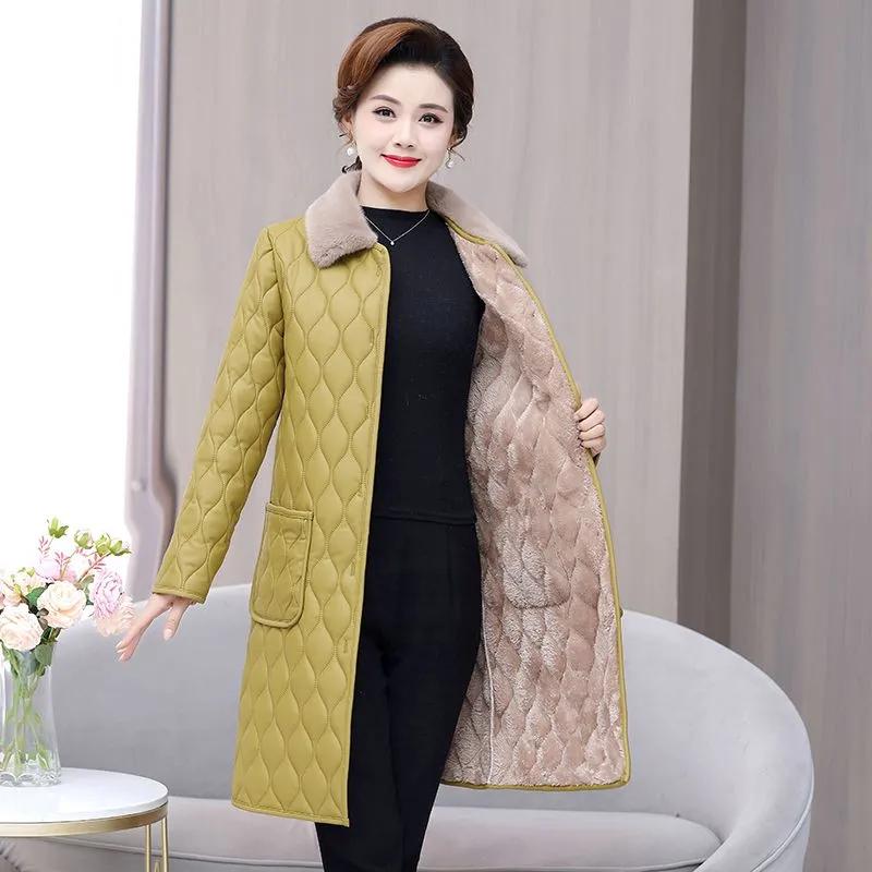 Women's Autumn/Winter Padded Velvet Mid Long Jacket Middle-Aged Female Solid Elegant Plus Size Outerwear