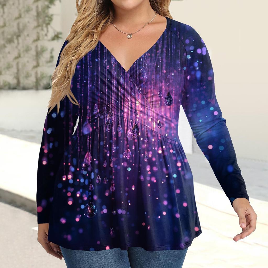Women's Plus Size Shirt Long Sleeve  Print Top Pleated Casual V-Neck Top