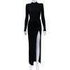 Women's Crewneck Long Sleeve Split Buttocks Sexy Elegant Temperament Mesh Beauty Evening Dress