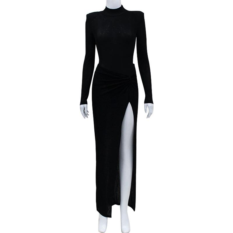 Women's Crewneck Long Sleeve Split Buttocks Sexy Elegant Temperament Mesh Beauty Evening Dress