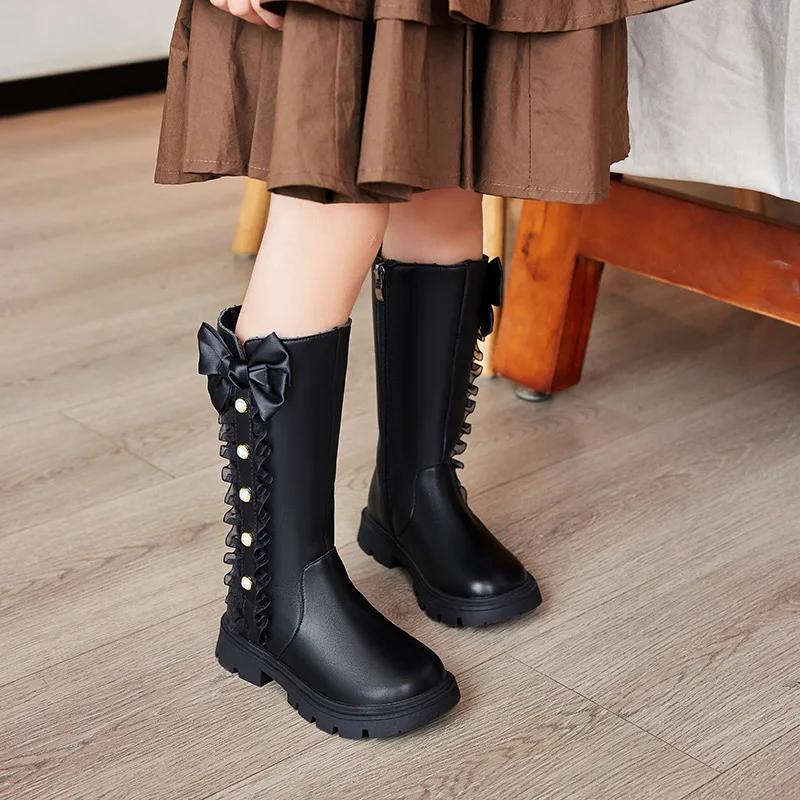 2024 Children High Boots for Girls Autumn New Chic Beading Sweet Bowtie Anti-slippery Elegant Lace Anti-slippery Leather Shoes