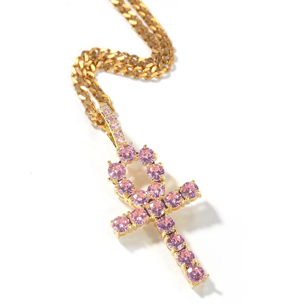 THE BLING KING Ankh Cross Pendant Pink Iced Cubic Zirconia Stones Gold Silver Color Necklace Colored Fashion Hiphop Jewelry