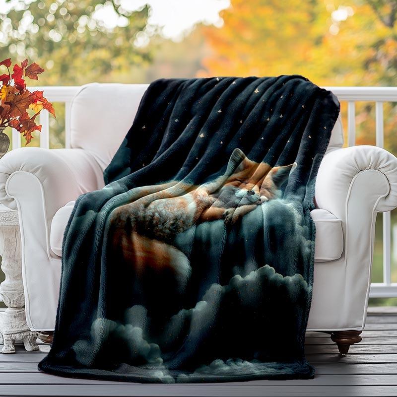 1pc Fox Printing Lightweight Flannel Blanket, Comfortable and Warm Blanket, for Camping Sofa Bed and Couch Office, in All Seasons, outdoor Blanket