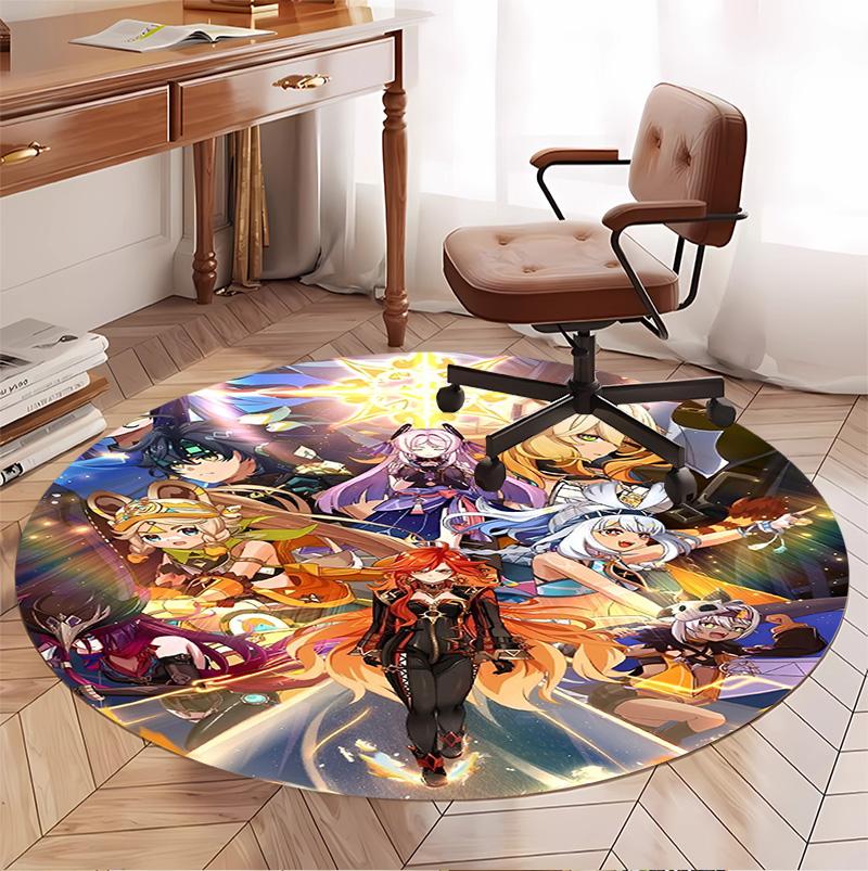 Genshin Impact Pattern Round Rug, Indoor/Outdoor Mat, for Picnic, Gameroom, Bedroom, Office, Living Room, Home Decor Carpet, Birthday Gift