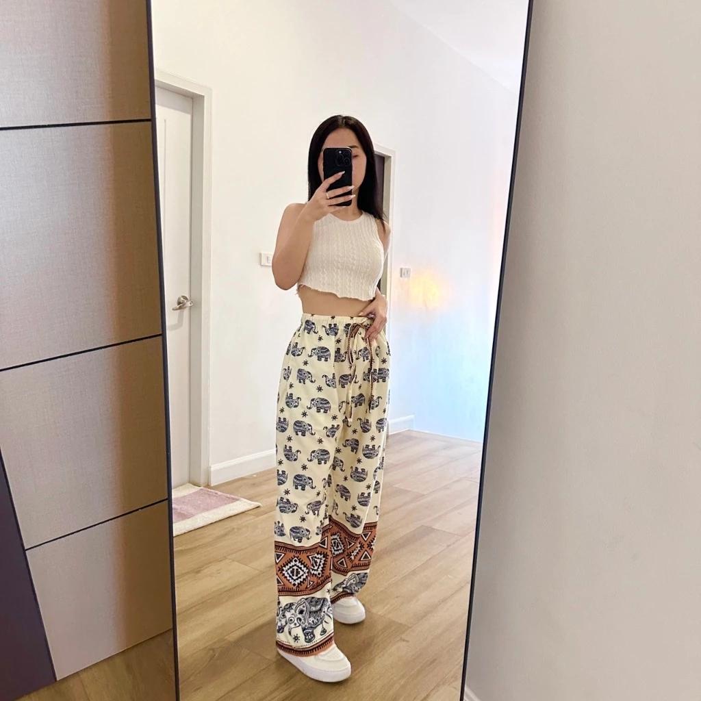 Elephant Pants Women Men Unisex Premium Japanese Silk Print Thailand Casual Streetwear Beach Bohemian Retro Vintage Adjustable Rope Loose Legs