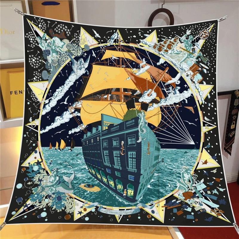 Spring New 90Cm Square Scarf Handmade Desktop Twill Silk High-End Shawl Headscarf Machine Curling Women Fashion Trend