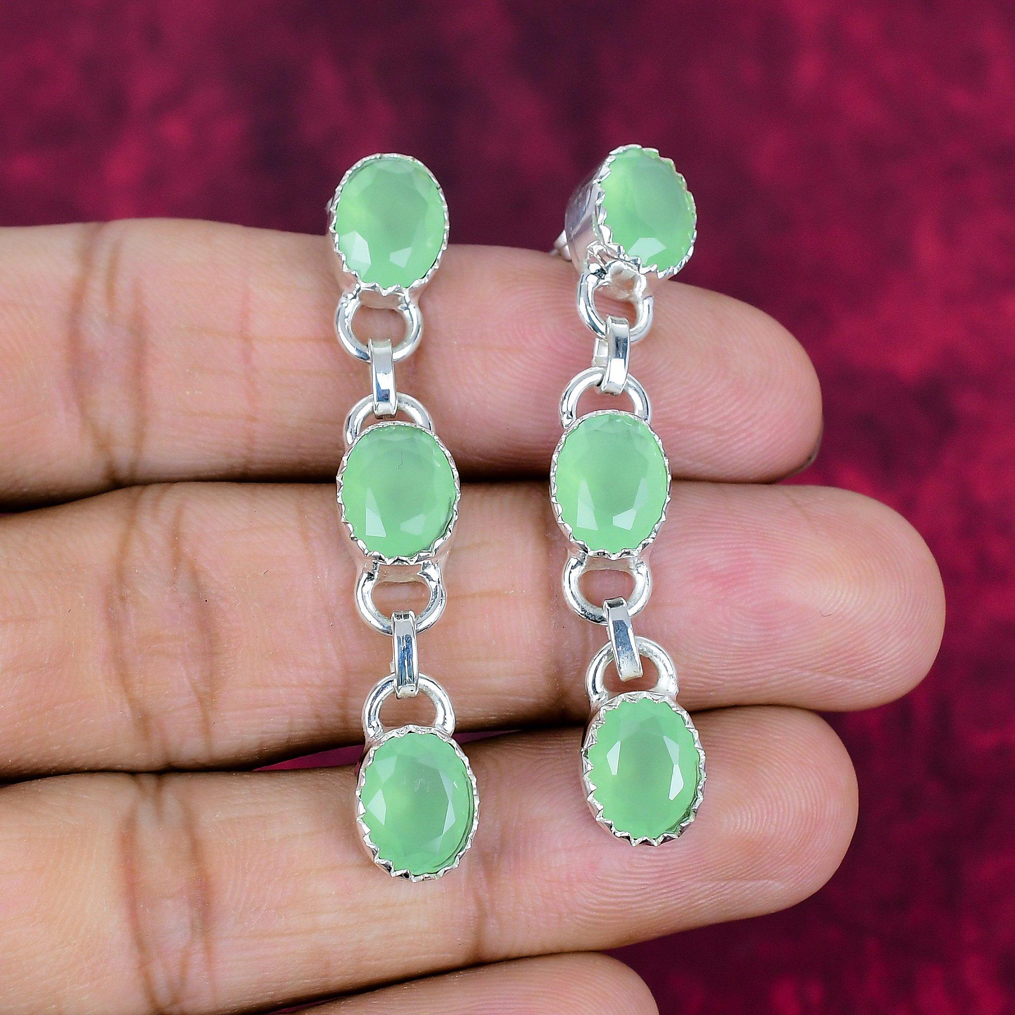 

Серьги из зеленого халцедона из стерлингового серебра 925 пробы, Ювелирные изделия с драгоценными камнями ручной работы, Подарки для жены, Абсолютно новые серьги 2.17 Inches зелёный