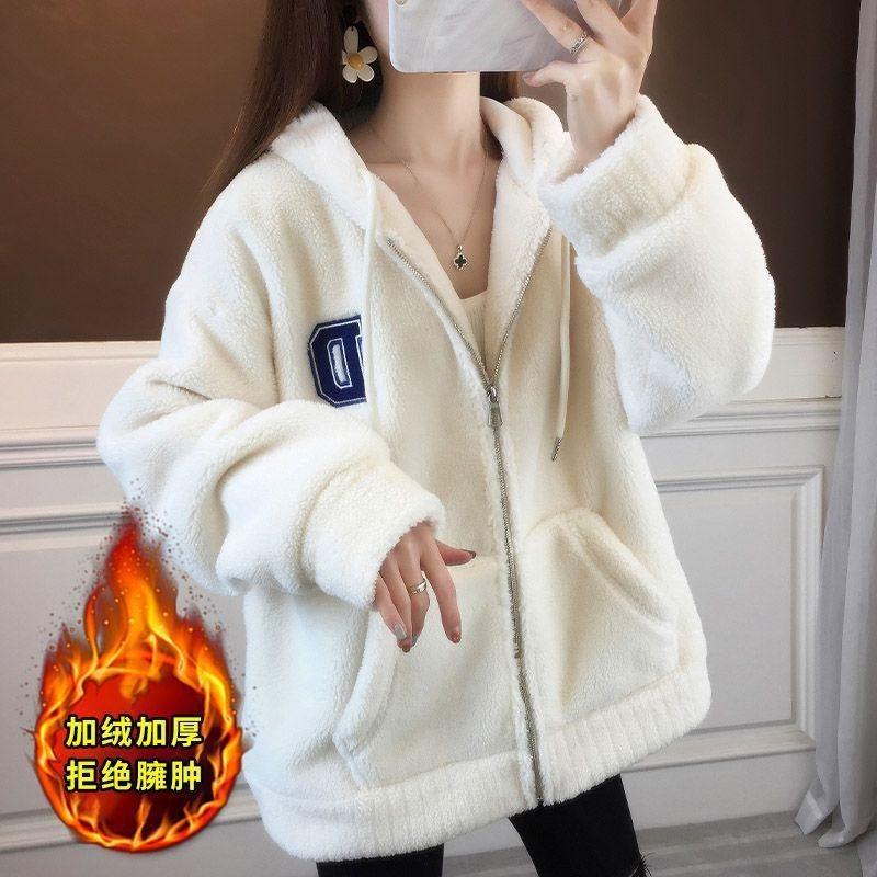 

Autumn and winter new lamb wool short granular fleece jacket women s loose fleece thickened sweater women s 3XL 160-87.5kg