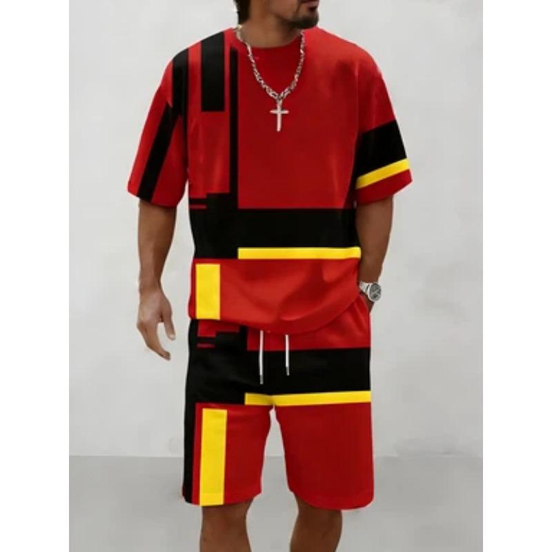 Men's blue and white geometric block patchwork short-sleeved T-shirt suit