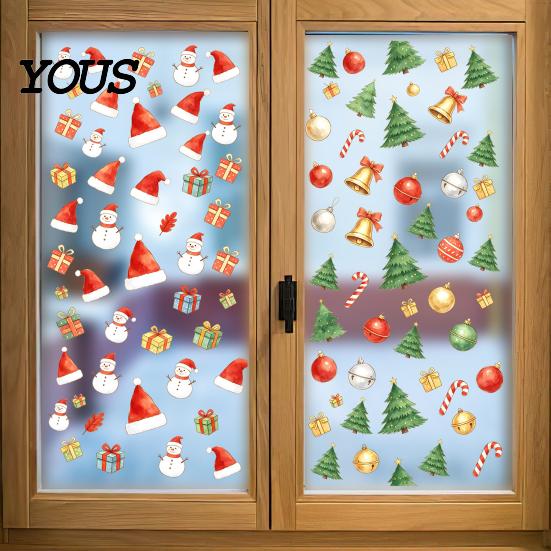 No Residue Window Cling Christmas Static Cling, Xmas Tree Snowman Santa Hat Bell Glass Sticker, Removable Reusable Decoration Decal for Holiday Party