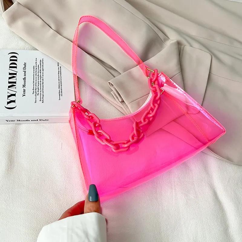 Ladies Jelly Bags Pvc Solid Color Clear Bag Underarm Bags Casual Women Summer Handbags Purse Cell Phone Shoulder Bag