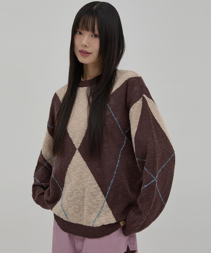 WAIKEI Big Argyle Boucle Knit Beige