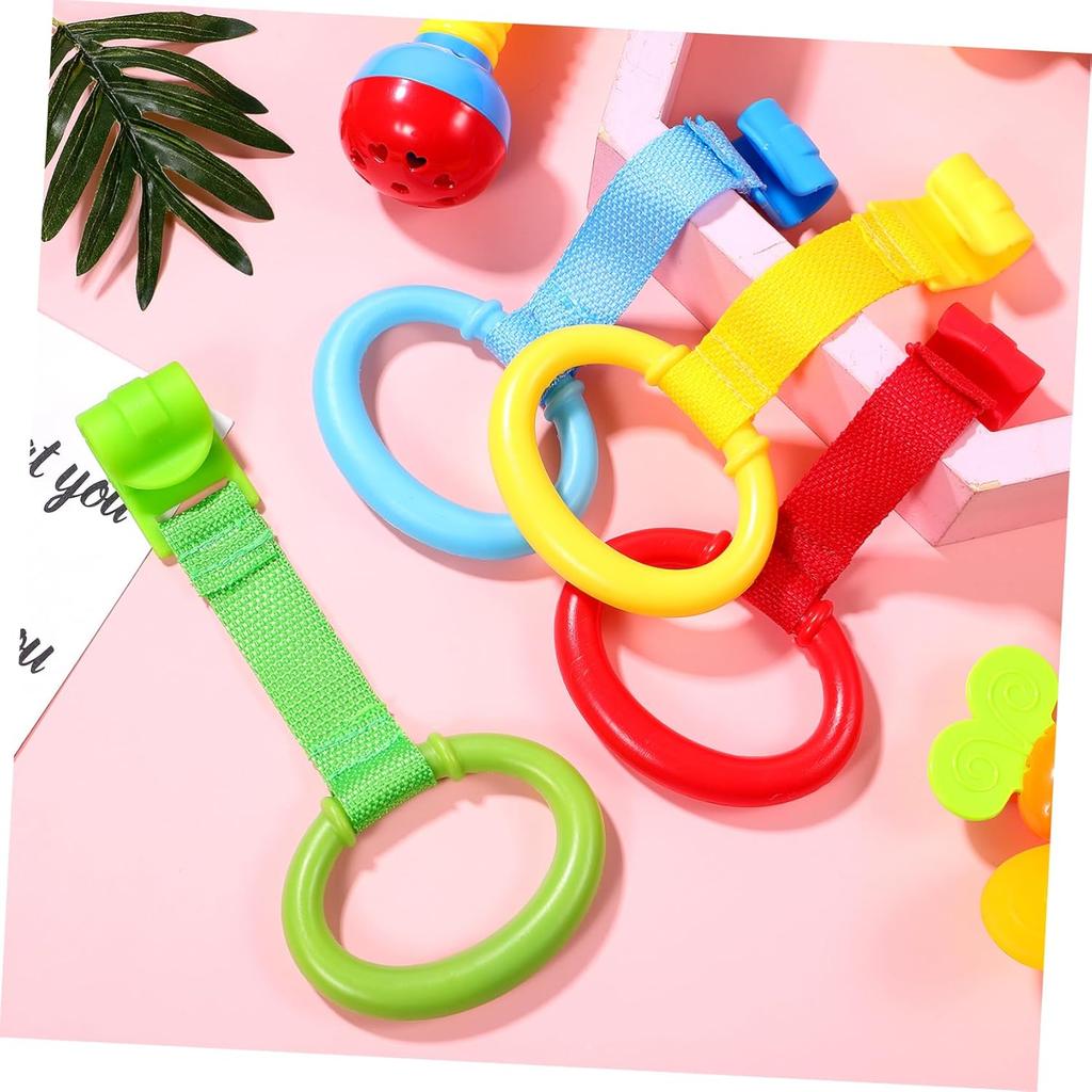 4pcs Pull Rings Baby Cot Hanging Rings Baby Bed Stand Up Rings Walking Assistant Stand Up Rings Learning Standing Crib Hanging Ring for Strollers,