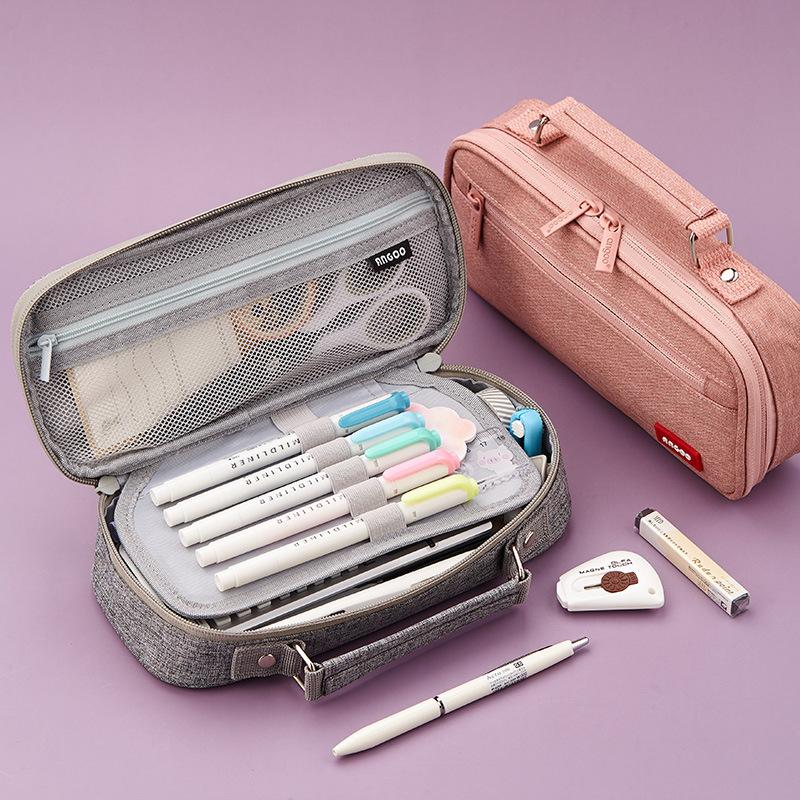 Portable Canvas Pencil Bag Student School Supplies Storage Bag Large Capacity Stationery Bag with Pen Holder Grid Belt Pen Case